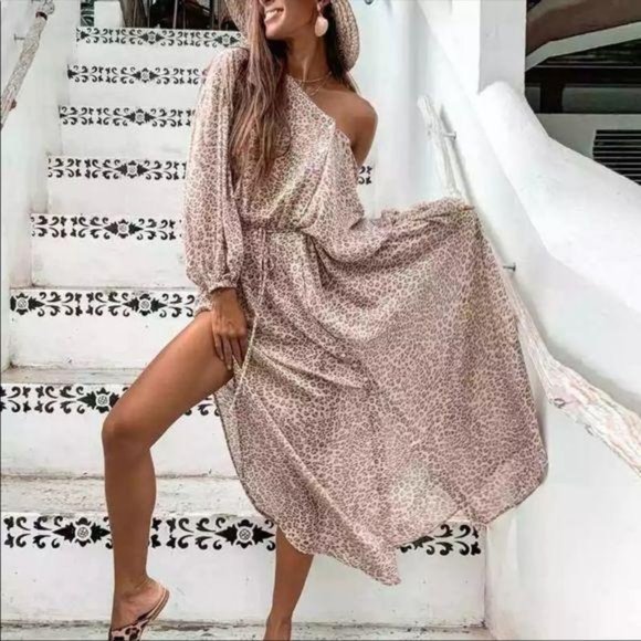 Bohemian Leopard Print Maxi Dress Button Up Gypsy - Picture 2 of 16